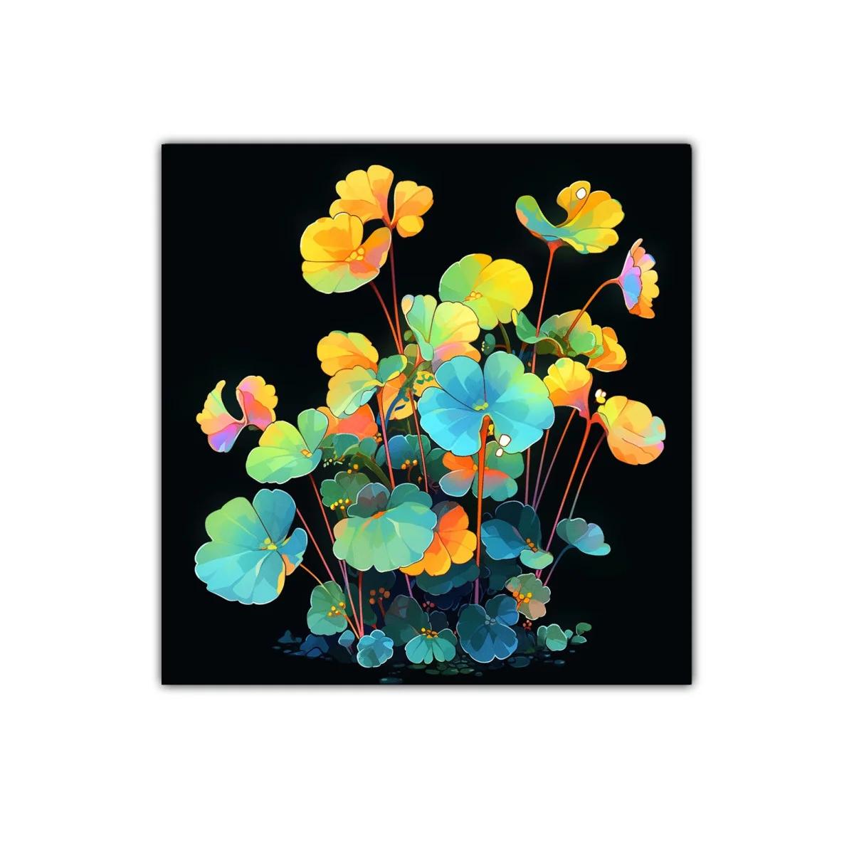 Cuadro decorativo con flores en tonos vibrantes sobre fondo oscuro