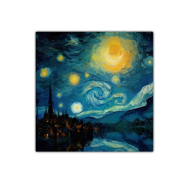 Noche estrellada sobre ciudad con reflejos intensos