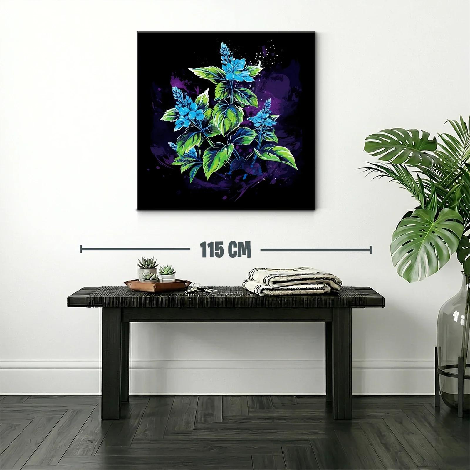 Cuadro con flores azules y hojas verdes sobre fondo oscuro — miniatura 2