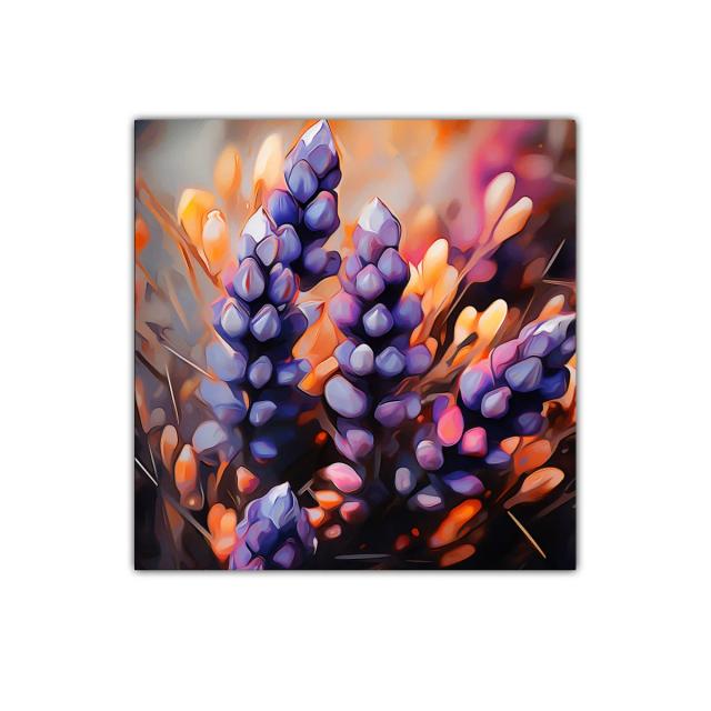 Cuadro decorativo con flores moradas y tonos cálidos vibrantes