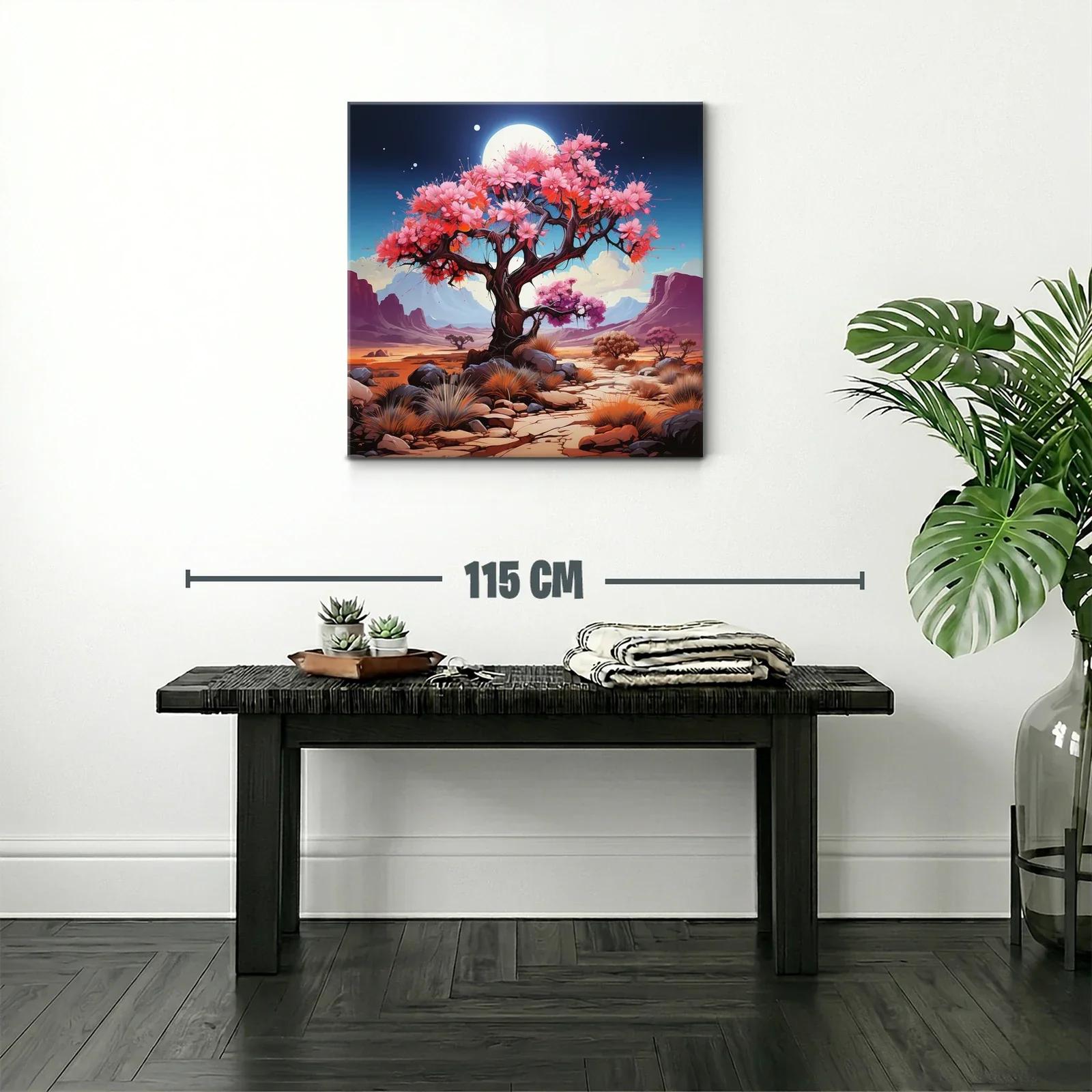 Árbol florido bajo luna llena en paisaje desértico — miniatura 2