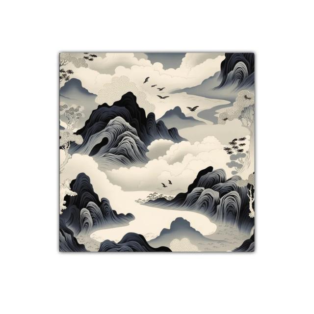Paisaje onírico con montañas y aves en tonos neutros