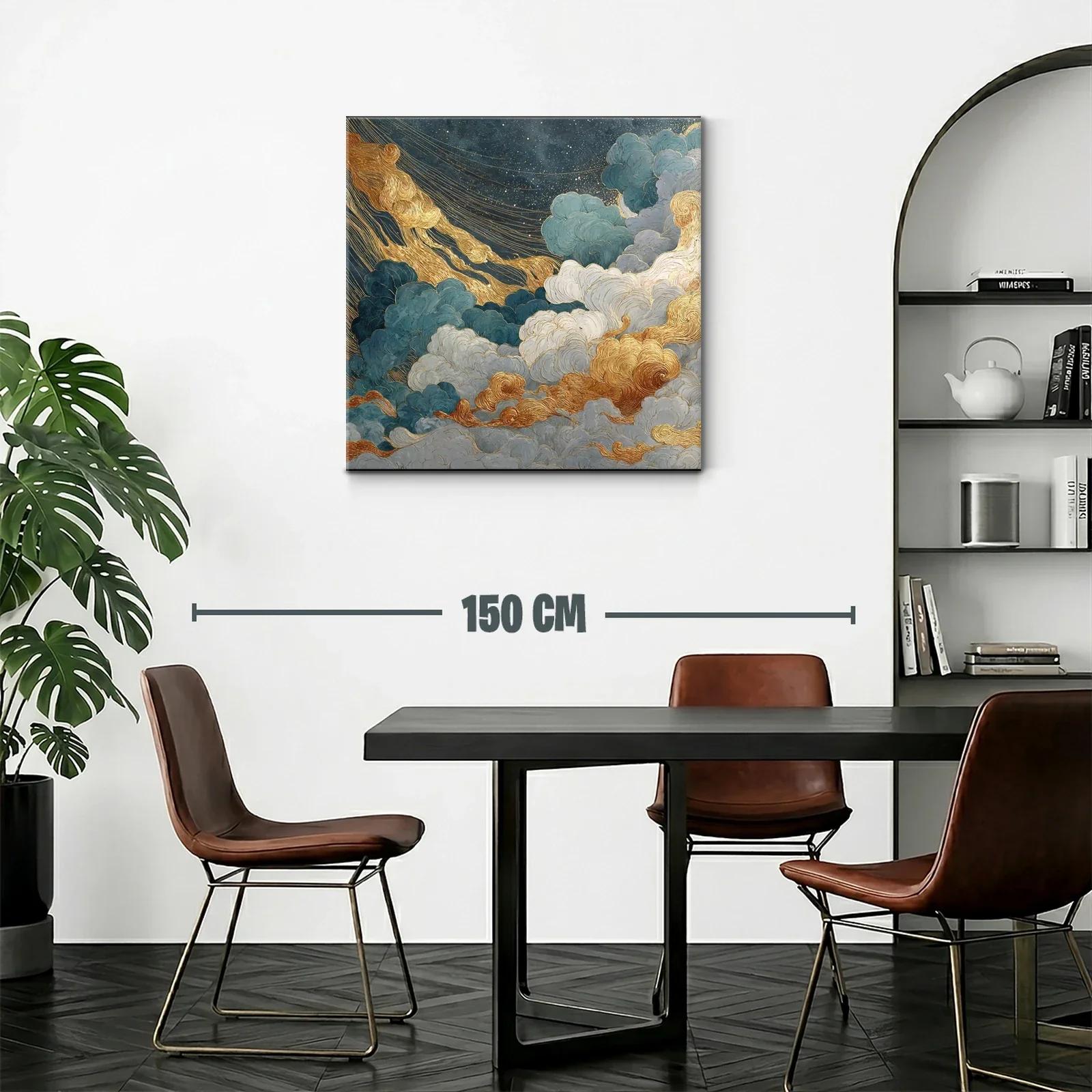 Cuadro abstracto de nubes doradas y azules con estrellas — miniatura 2