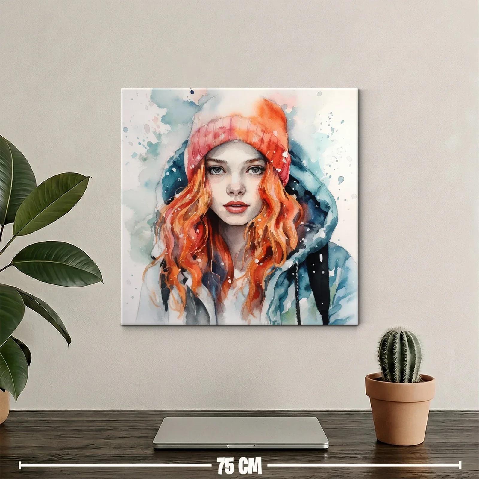 Retrato femenino con gorro y chaqueta en tonos fríos y cálidos — miniatura 2