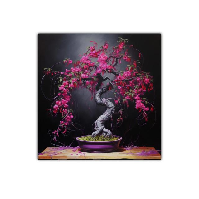 Bonsái con flores vibrantes sobre fondo oscuro