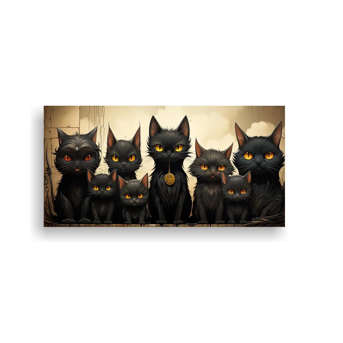 Cuadro grupo de gatos negros con medallón dorado