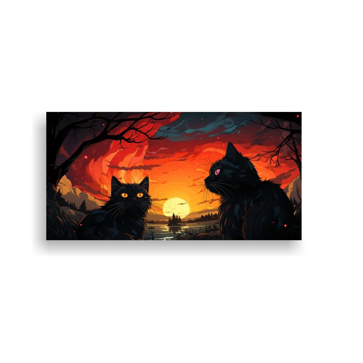 Cuadro dos gatos negros ante un atardecer sobre el agua
