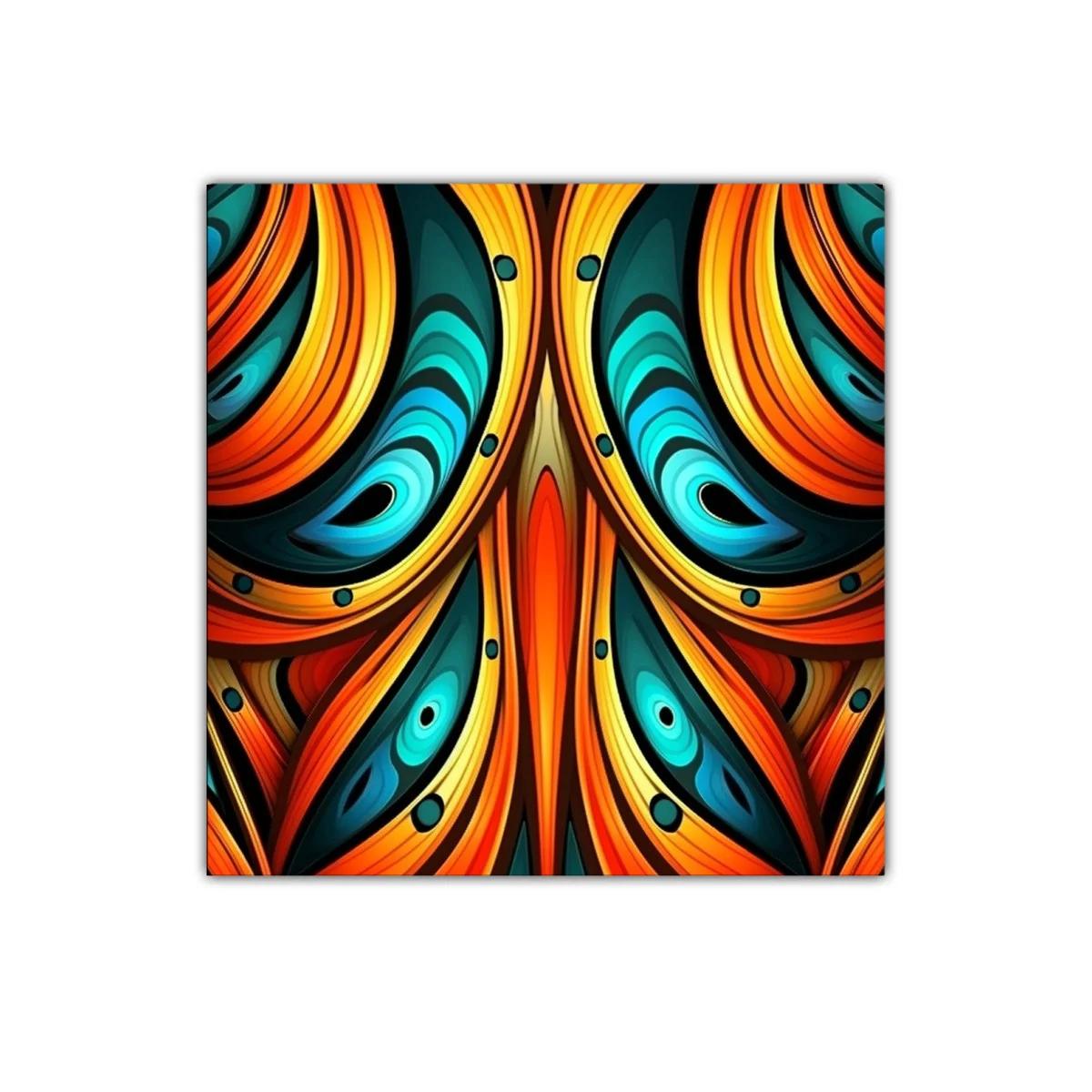 Cuadro abstracto con formas curvas en tonos cálidos y fríos