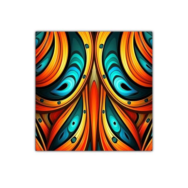 Cuadro abstracto con formas curvas en tonos cálidos y fríos