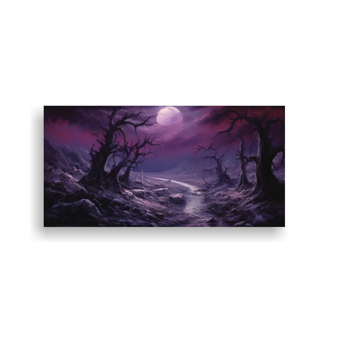 Cuadro paisaje nocturno con camino serpenteante y luna brillante