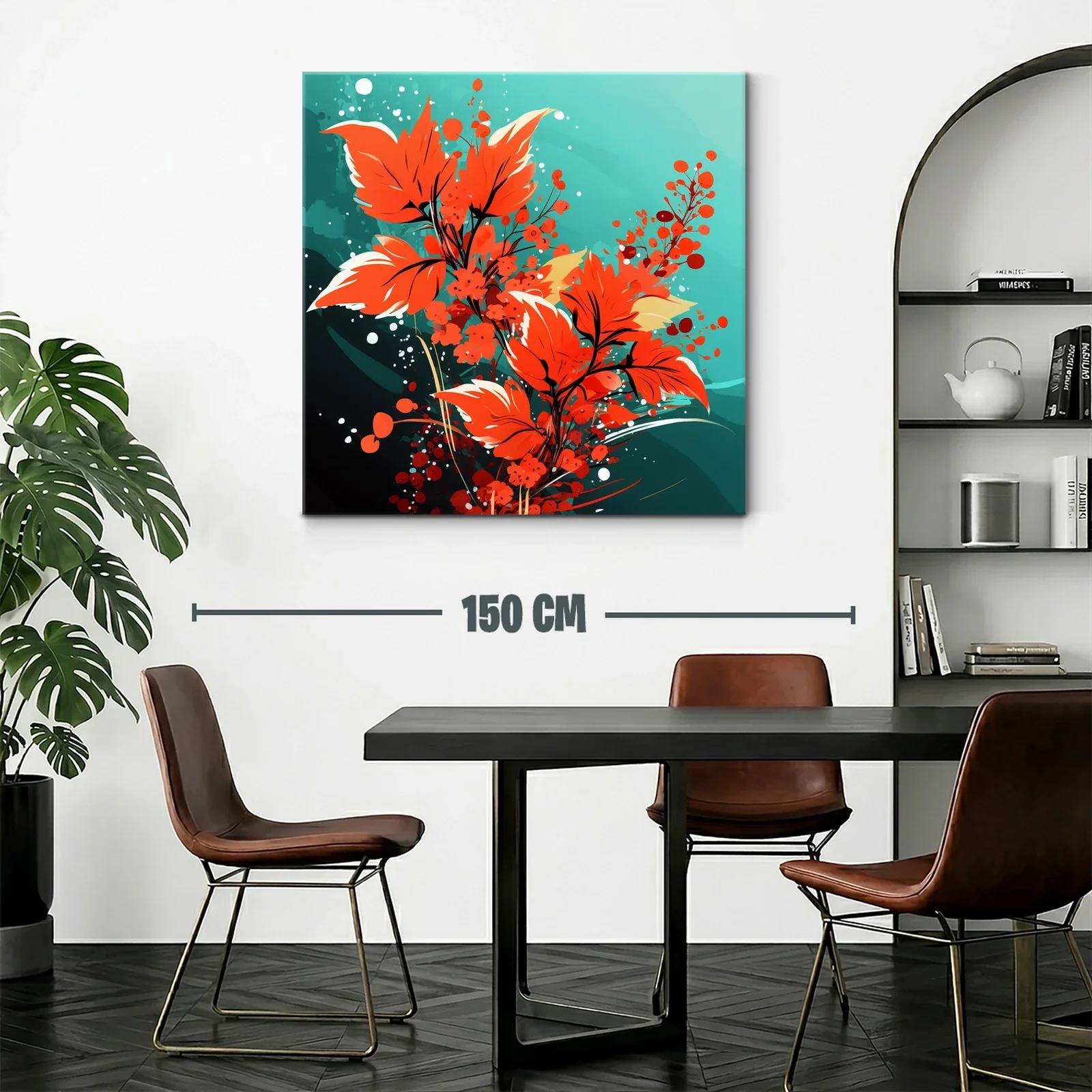Cuadro moderno con hojas y flores en tonos rojos vibrantes — miniatura 2