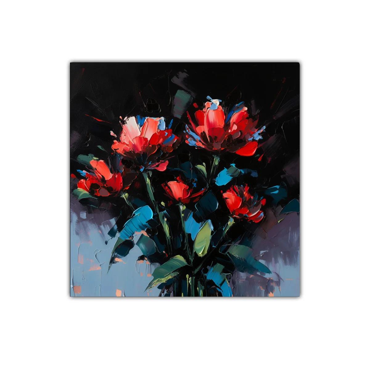 Cuadro floral con flores rojas y fondo oscuro