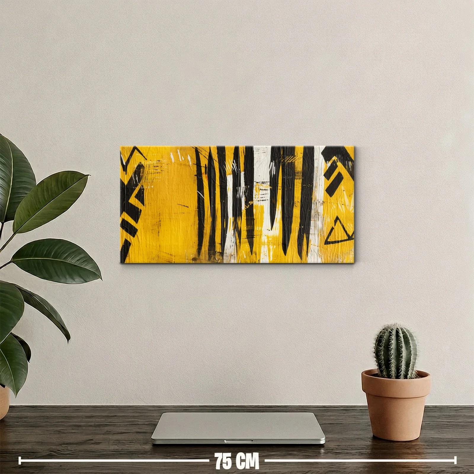 Cuadro abstracto geométrico amarillo y negro con zigzags — miniatura 2