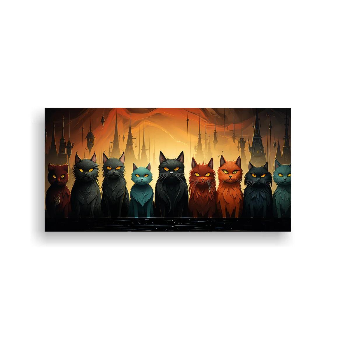 Cuadro grupo de gatos de ojos brillantes y skyline gótico