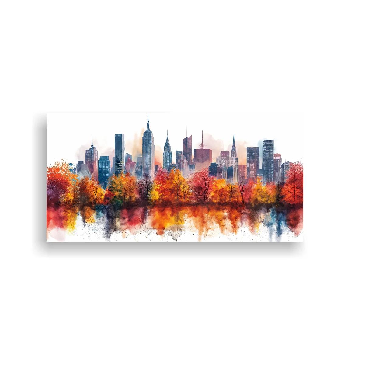 Cuadro skyline urbano con árboles otoñales y reflejo espejado