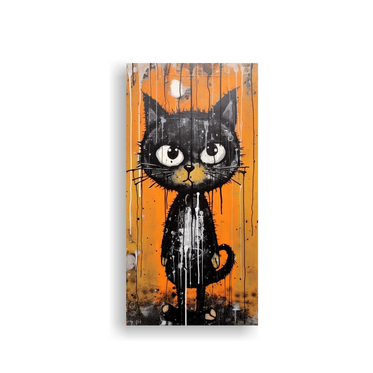 Cuadro gato negro de ojos grandes sobre fondo naranja