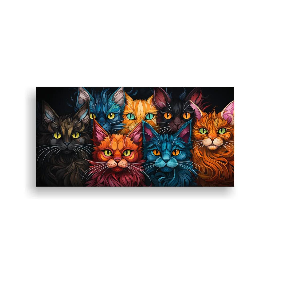 Cuadro grupo de gatos de colores sobre fondo negro