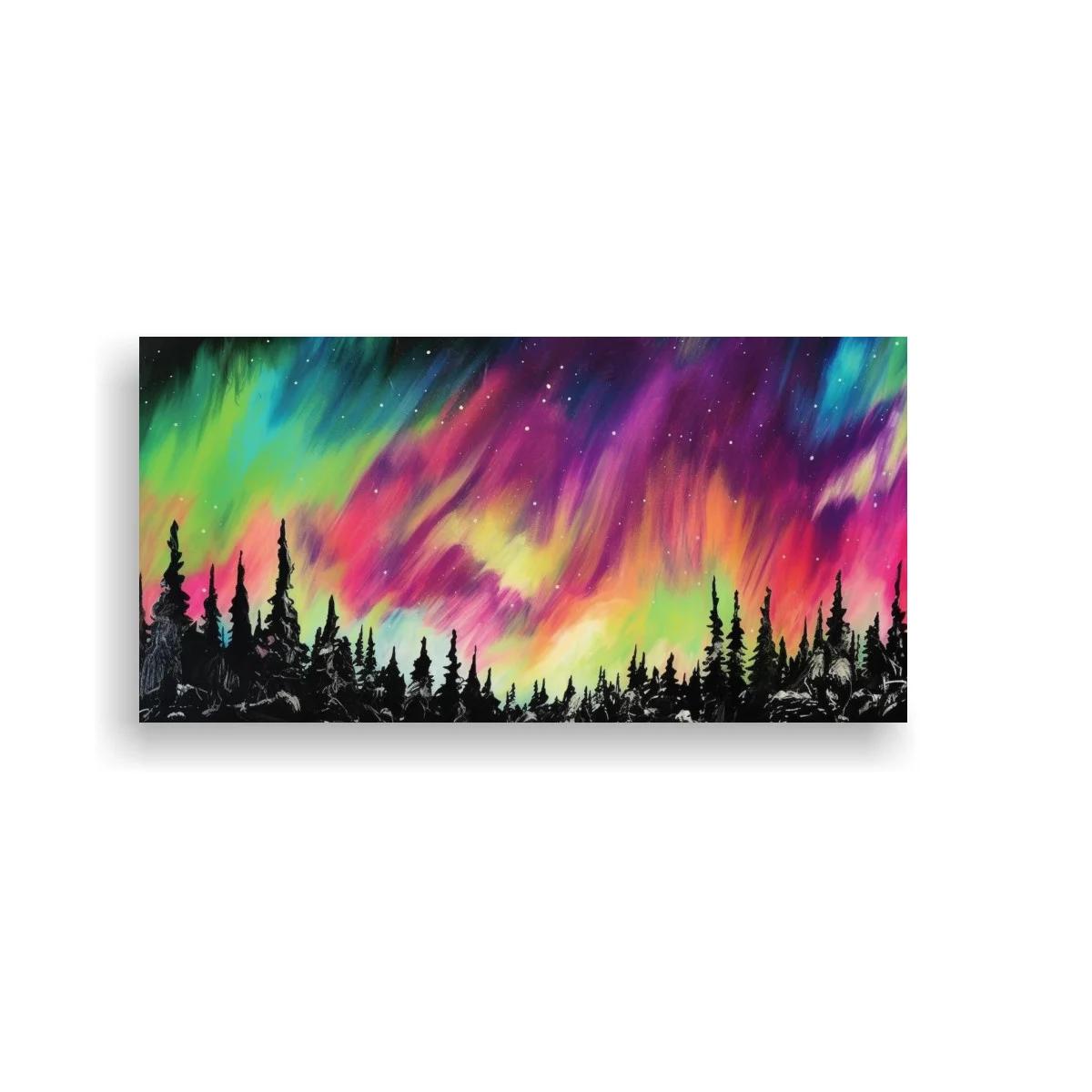 Cuadro aurora boreal sobre bosque de pinos