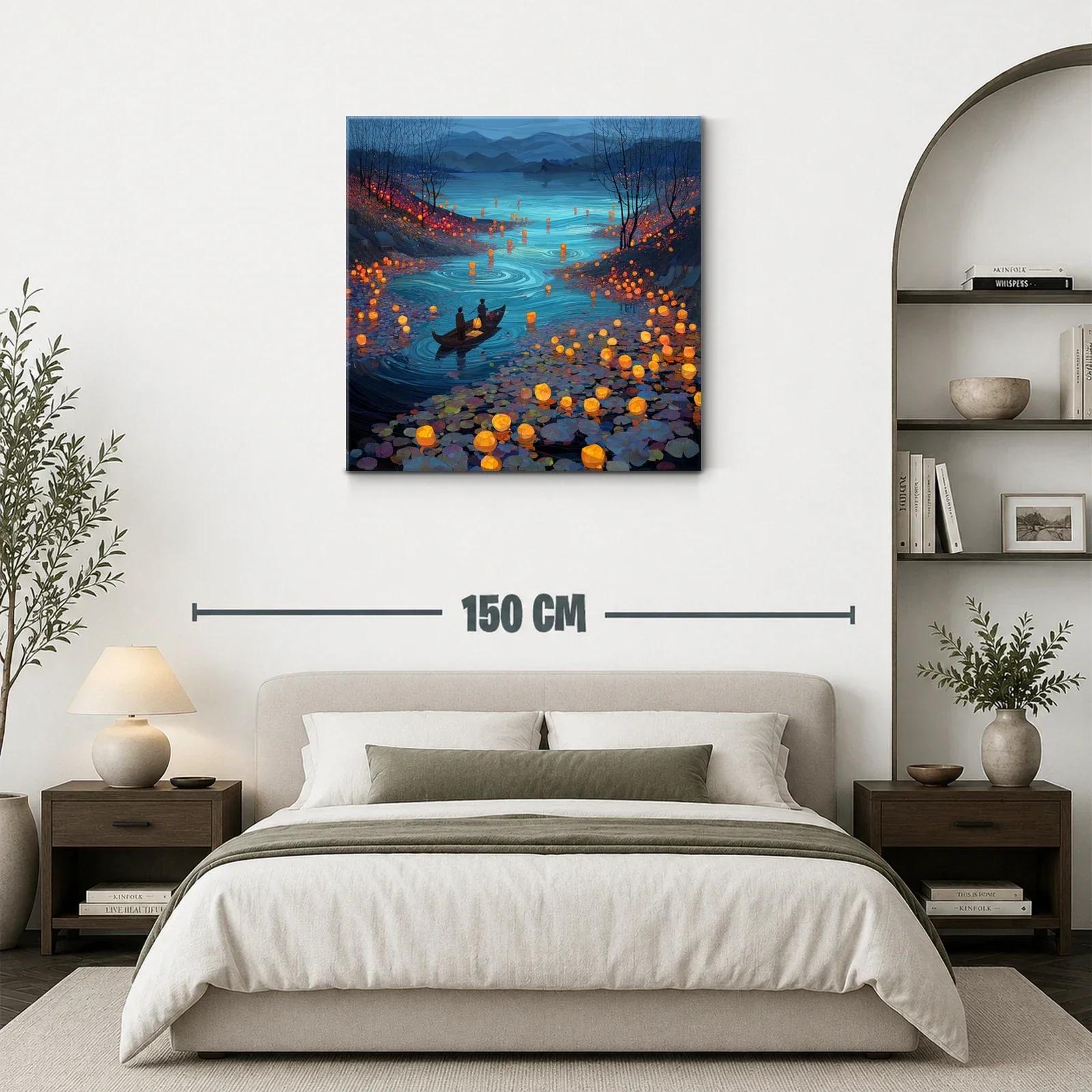 Río iluminado con faroles flotantes al atardecer — miniatura 3
