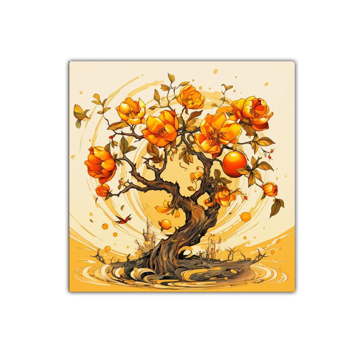 Árbol con flores y frutos en tonos cálidos y vibrantes