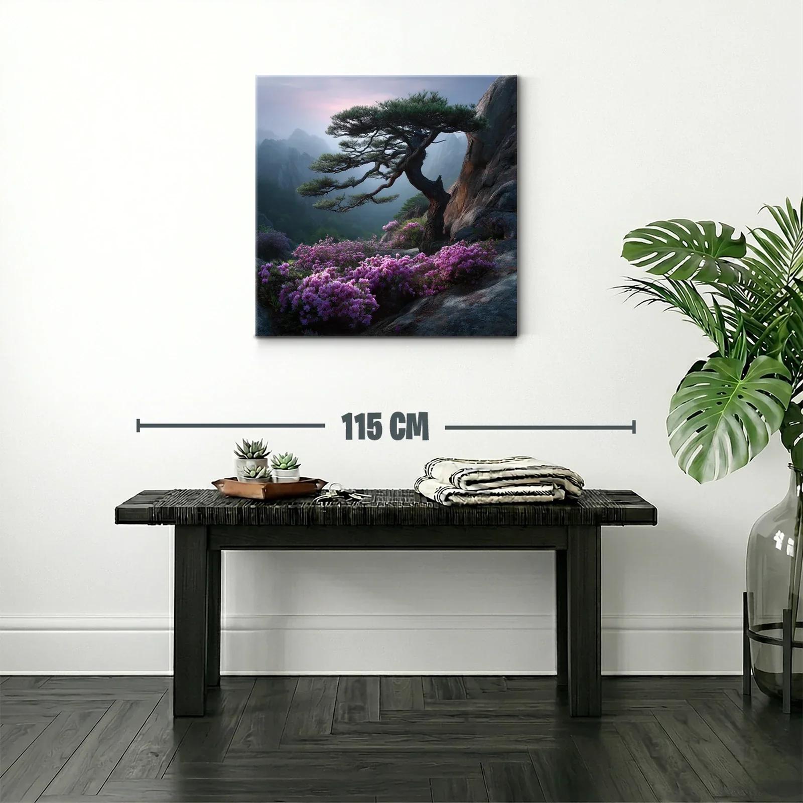 Paisaje sereno con árbol y flores sobre rocas en montaña — miniatura 2