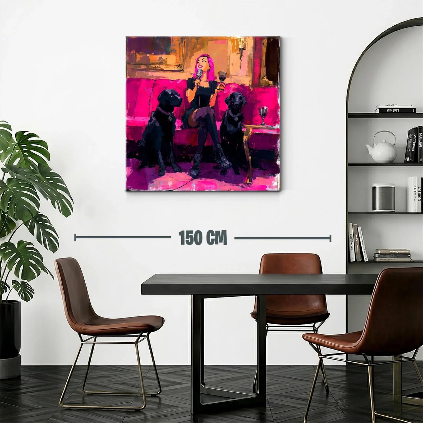 Divertida escena nocturna con mujer y perros en tonos fucsia — miniatura 2