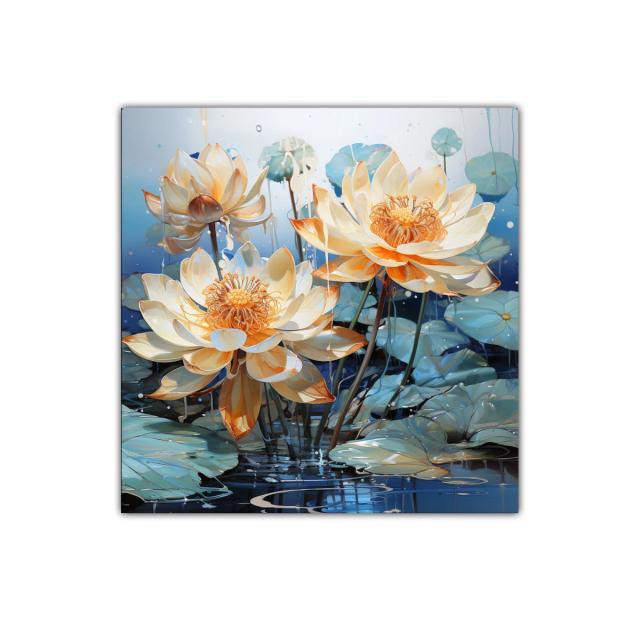 Lotos dorados en estanque azul sereno decorativo