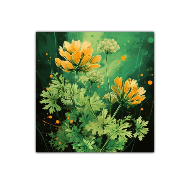 Cuadro decorativo con flores naranjas y hojas verdes vibrantes