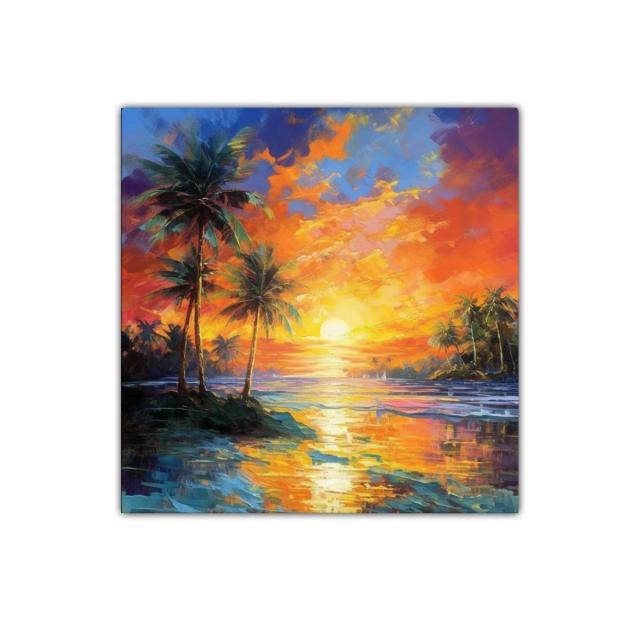 Atardecer tropical con palmeras y reflejos vibrantes