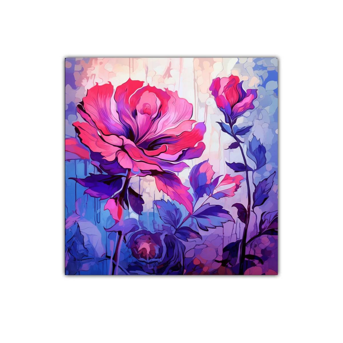 Cuadro decorativo con flores en tonos rosa y azul vibrantes — imagen principal