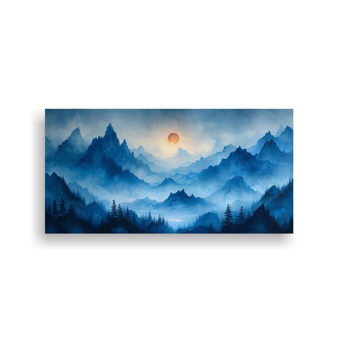 Cuadro cordillera de montañas azules con sol y bosque oscuro