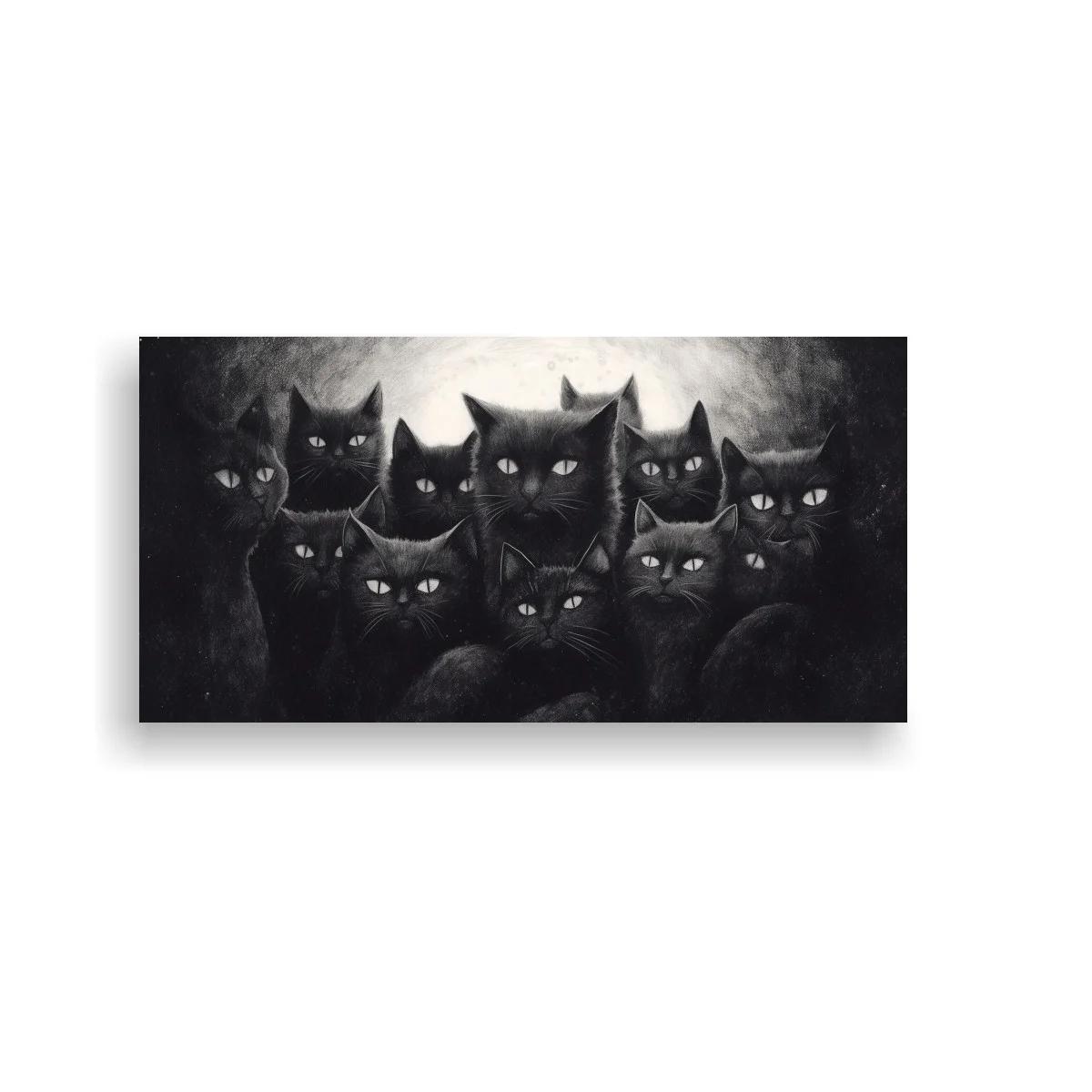 Cuadro grupo de gatos negros con luna difusa