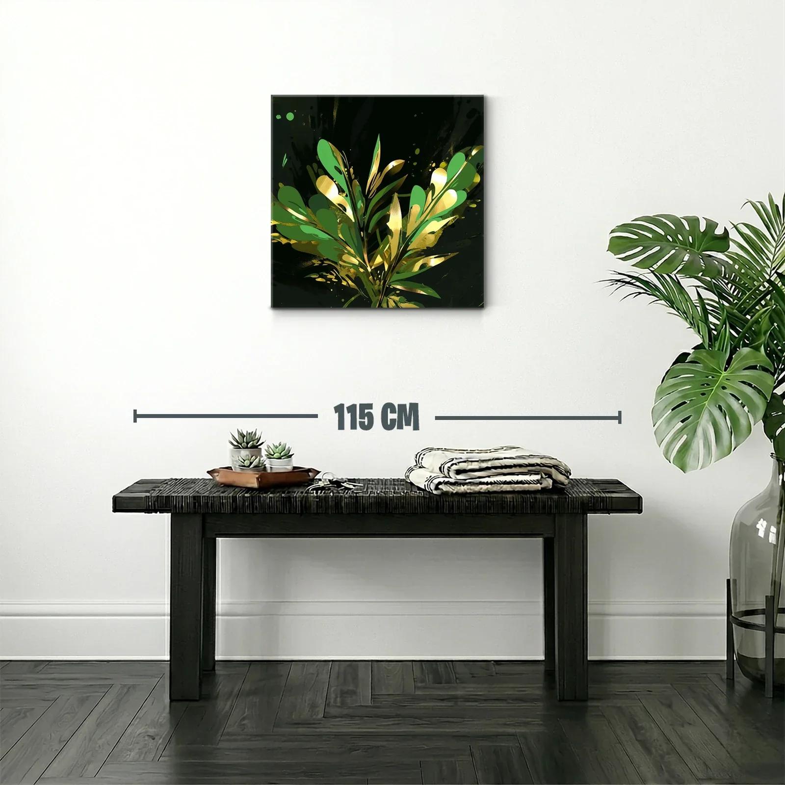 Cuadro abstracto con motivos vegetales dorados y verdes — miniatura 2