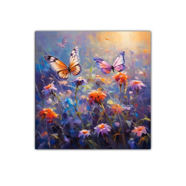 Mariposas en vuelo sobre jardín vibrante y colorido