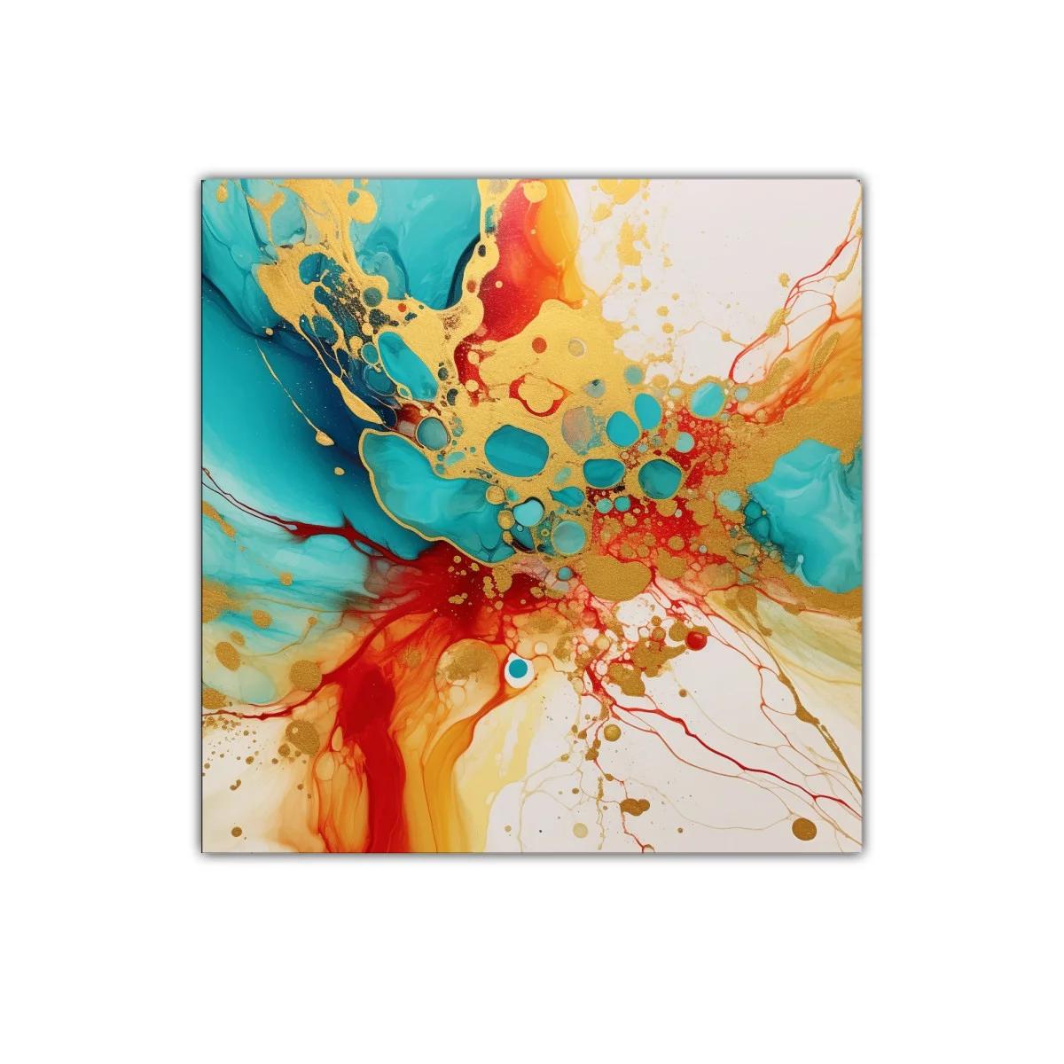 Cuadro abstracto con explosión de colores vibrantes dorados y turquesas