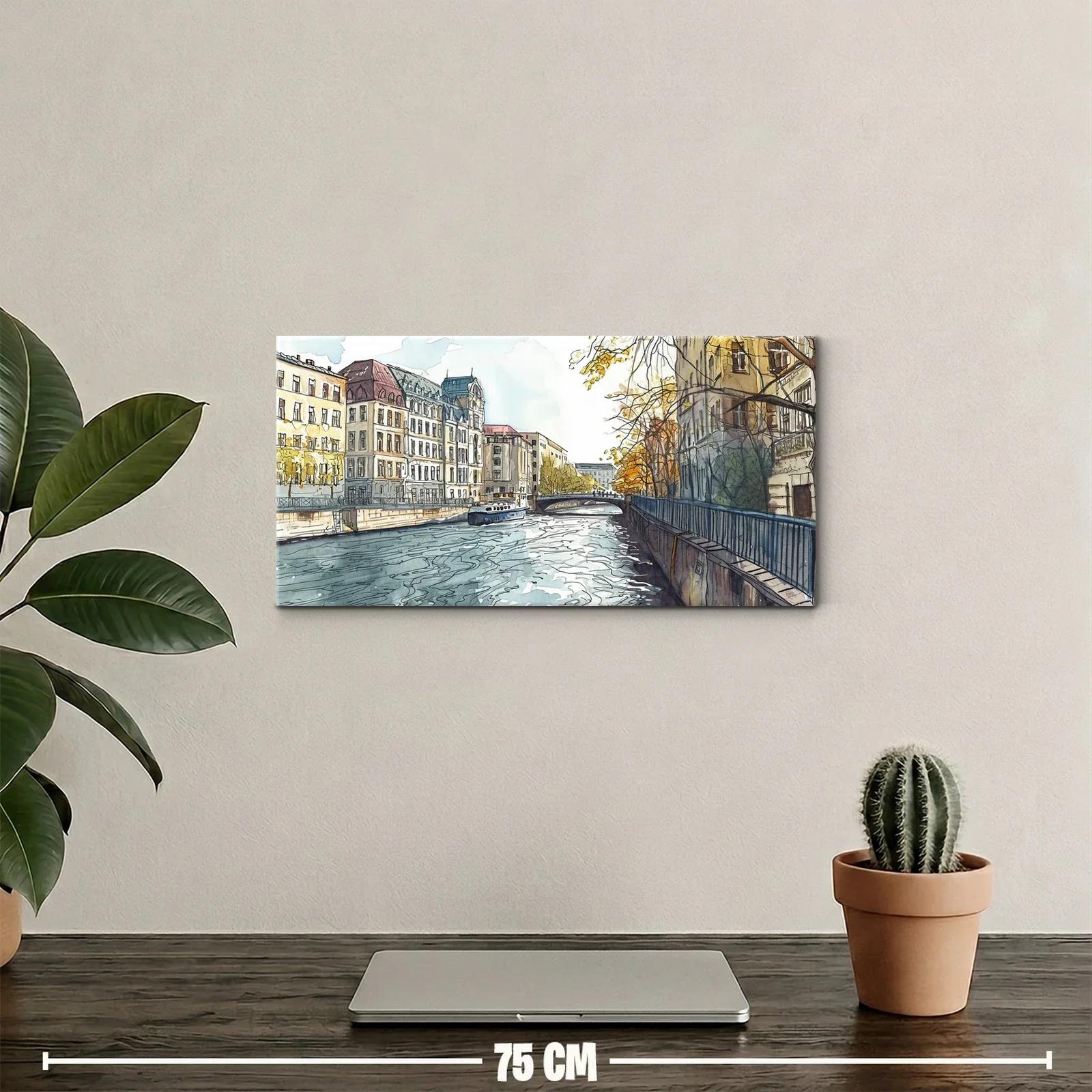 Cuadro canal urbano con puente arqueado — miniatura 2