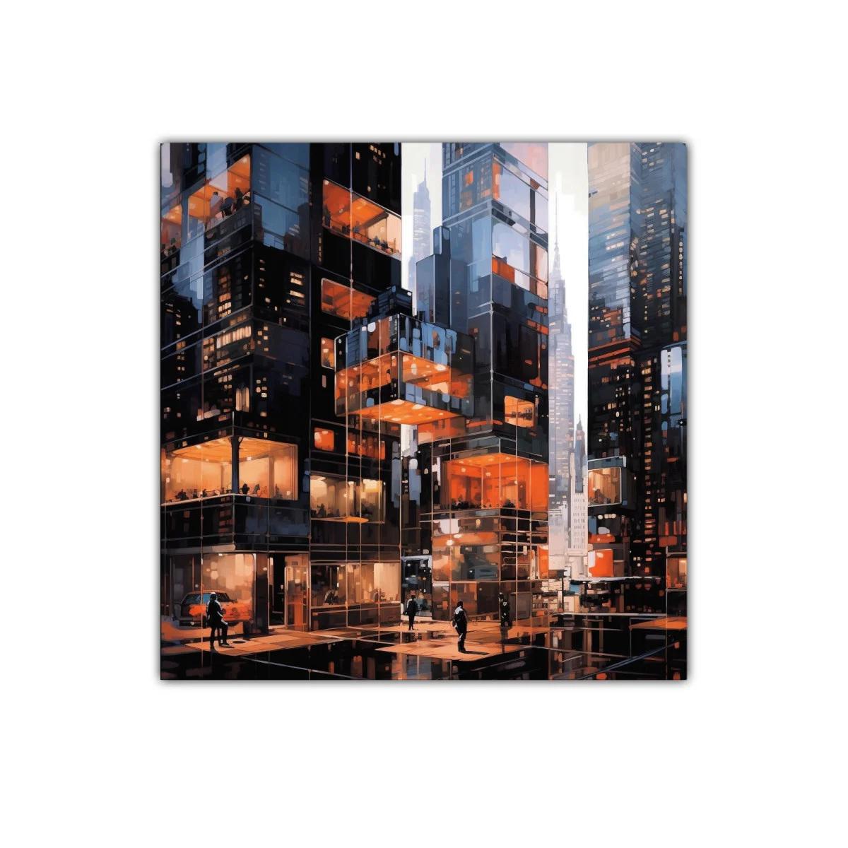 Ciudad iluminada con arquitectura moderna y reflejos urbanos
