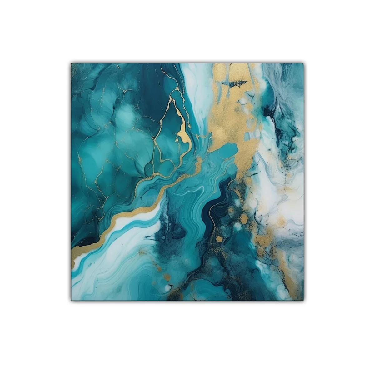 Cuadro abstracto con tonos turquesa y dorado — miniatura 1