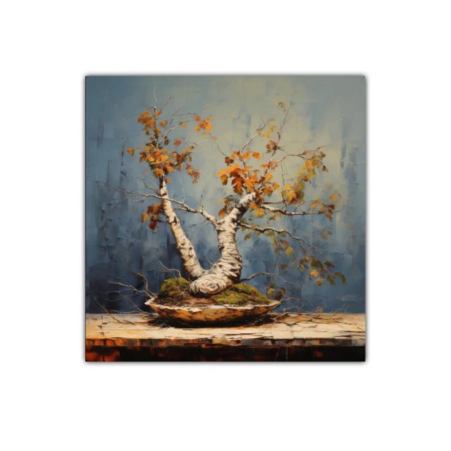 Árbol de otoño en maceta con tonos cálidos y fondo azul