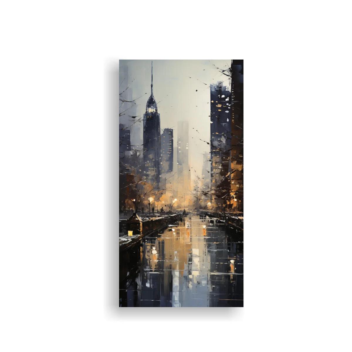 Cuadro avenida urbana lluviosa con torre de aguja y reflejos