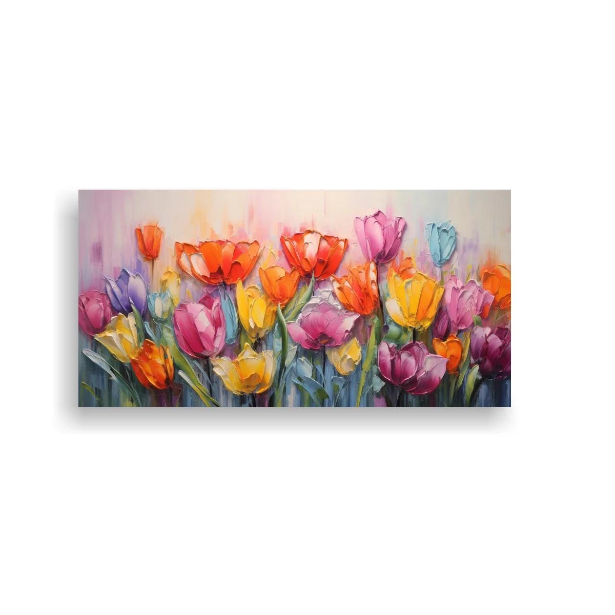 Cuadro de tulipanes con tallos ascendentes y copas multicolor