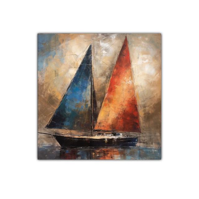 Velero con velas vibrantes en tonos cálidos y fríos