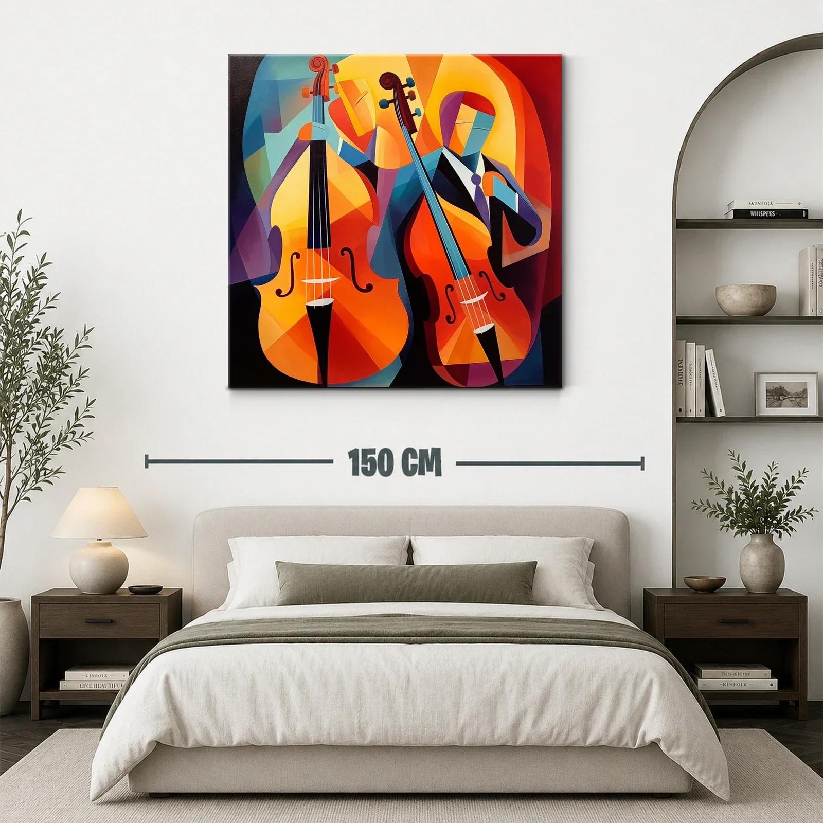 Cuadro vibrante con músicos y violonchelos en tonos cálidos — miniatura 3