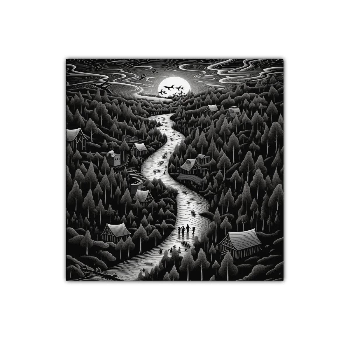Paisaje nocturno con río y árboles bajo la luna llena