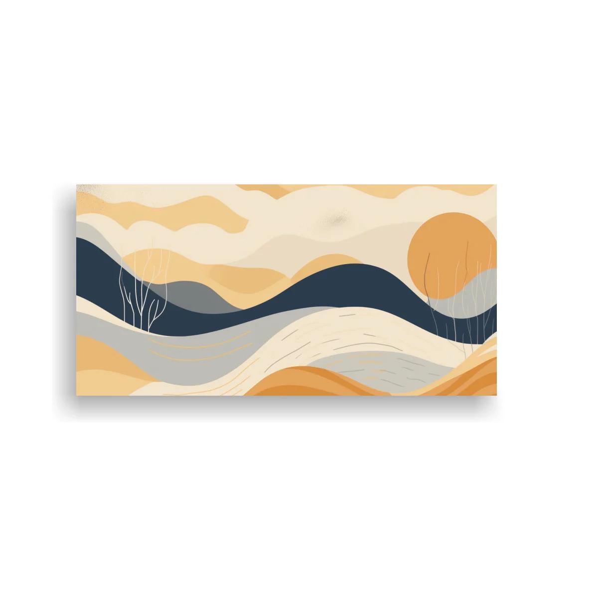 Cuadro paisaje abstracto de colinas con sol y ramas de árbol desnudo