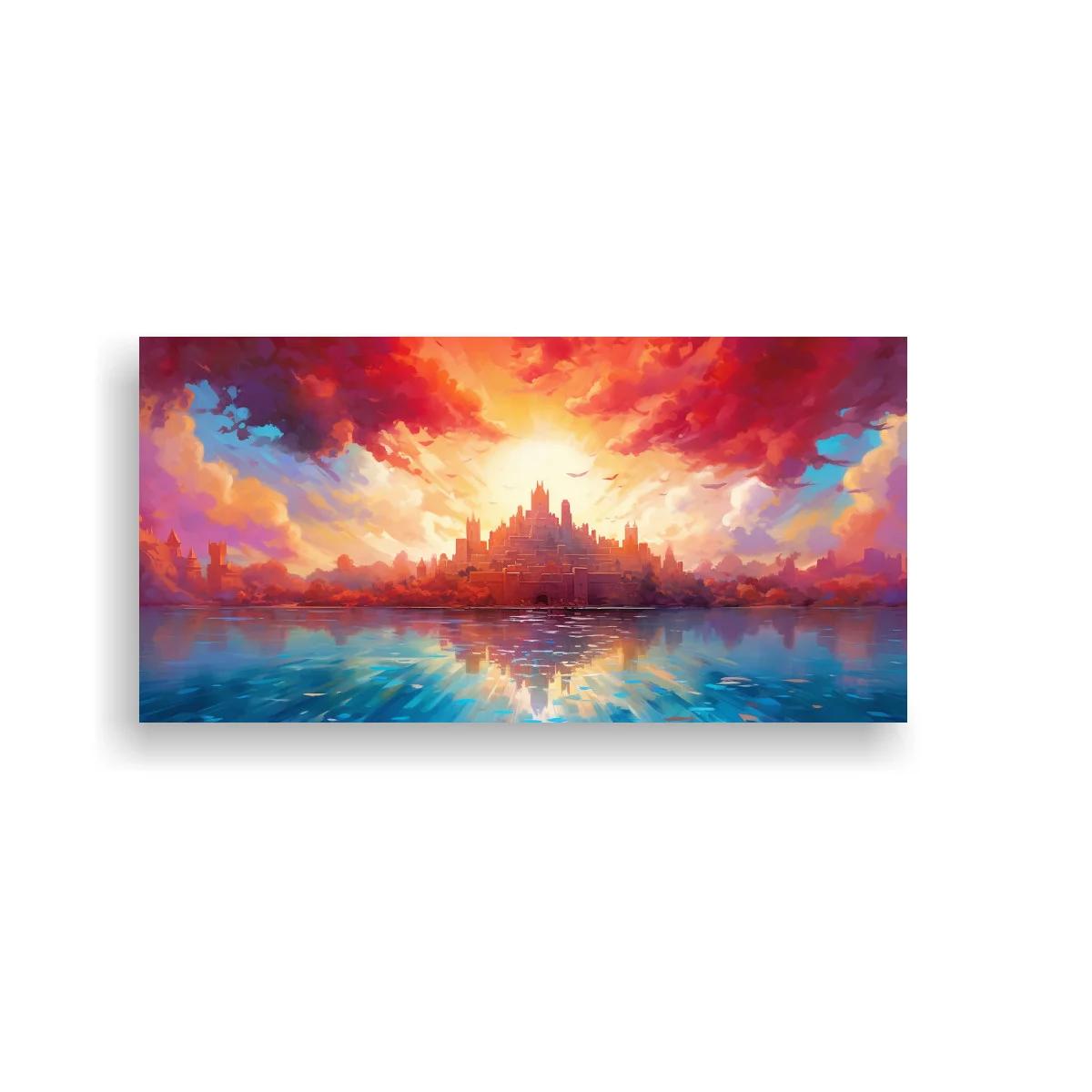 Cuadro ciudad fantástica junto al agua con reflejo luminoso