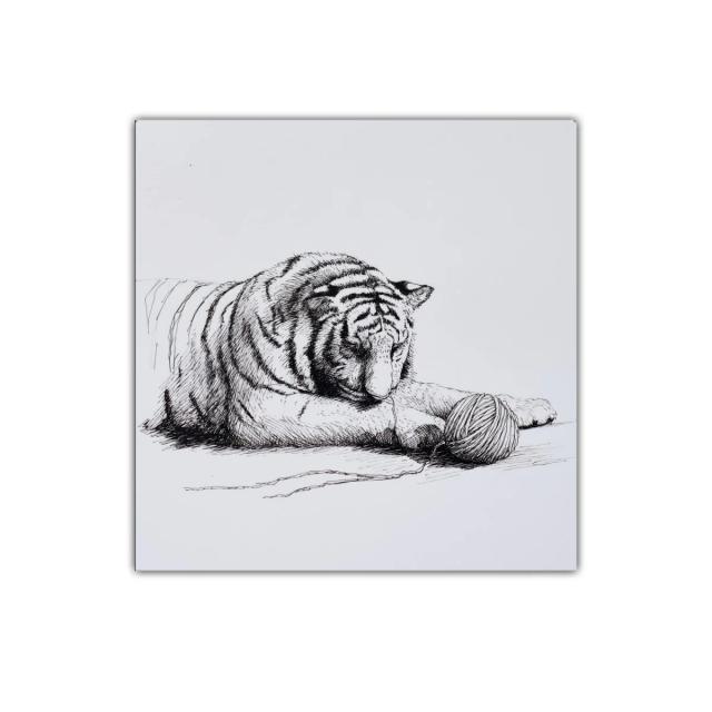 Tigre dormido y bola de hilo en dibujo minimalista