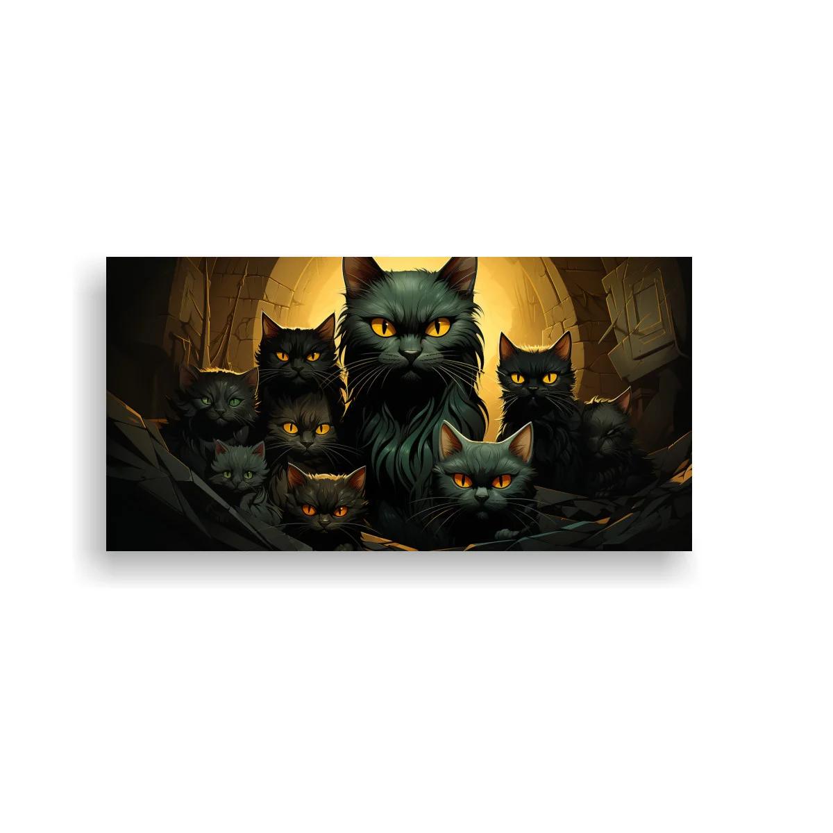 Cuadro grupo de gatos negros entre escombros