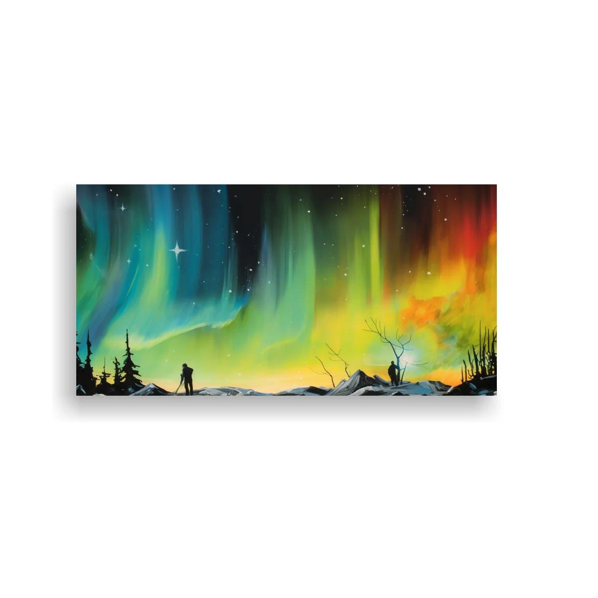 Cuadro aurora boreal sobre montañas nevadas