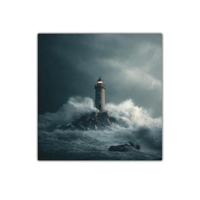 Faro solitario en tormenta rugiente sobre rocas oscuras